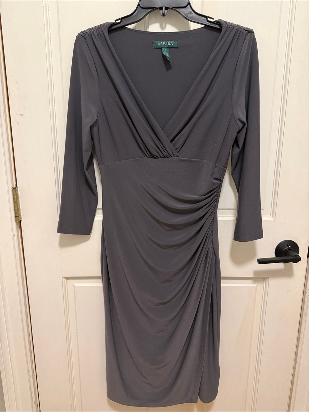 Lauren Ralph Lauren Charcoal Gray Faux-Wrap Ruched Midi Dress
